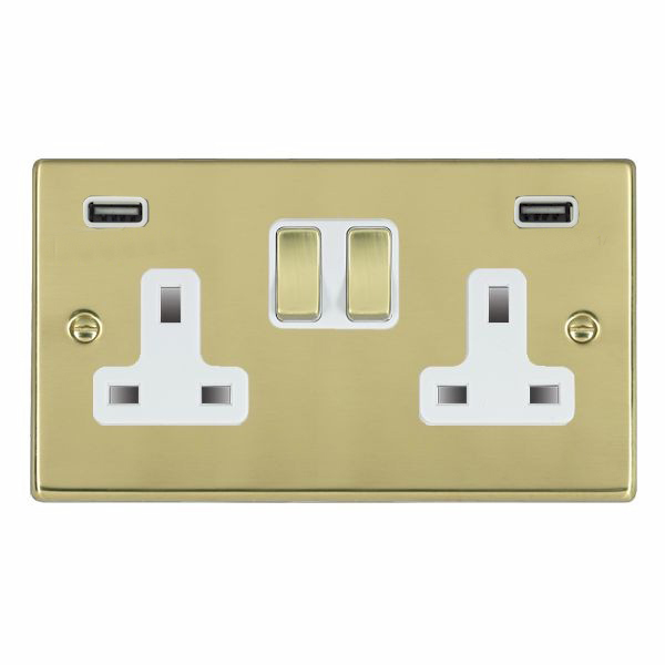 Hartland Polished Brass 2 gang 13A Double Pole Switched Socket with 2 USB Ultra Outlets 2×2.4A Polished Brass/White