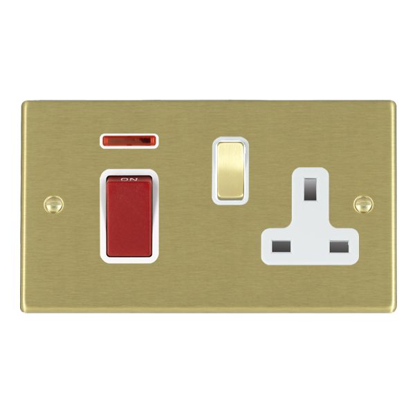 Hartland Satin Brass 45A Double Pole Rocker + Neon + 13A Switched Socket Red+Satin Brass/White