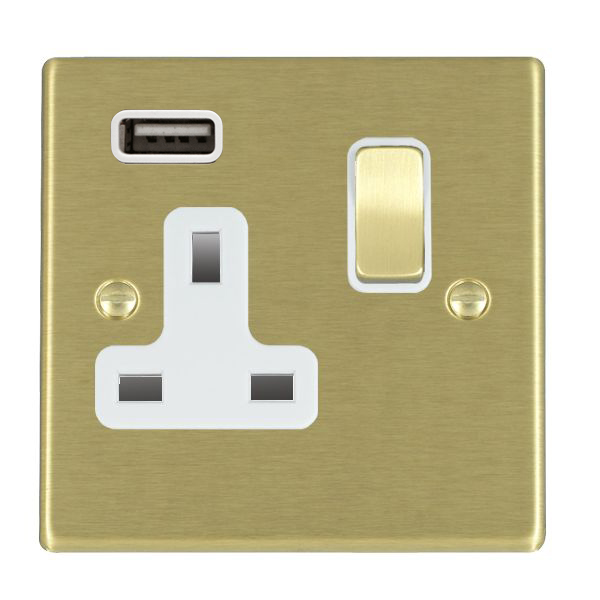 Hartland Satin Brass 1 gang 13A Single Pole Switched Socket with 1 USB Outlets 1×2.1A Satin Brass/White