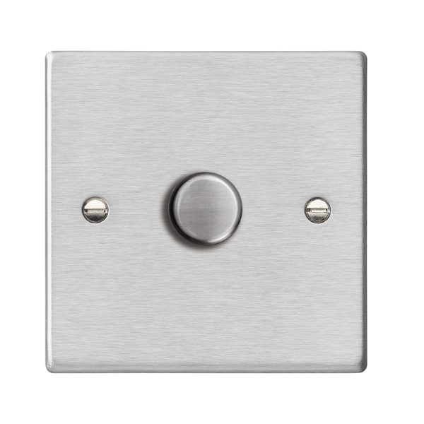 Hartland Satin Steel 1 gang 250W LED 2 Way Push On/Off Rotary Dimmer Satin Steel Minimum Load = 5W(LED) Maximum Load = 250W(LED) Trailing Edge / 150W(LED) Leading Edge
