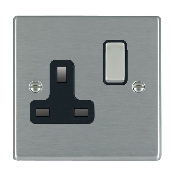 Hartland Satin Steel 1 gang 13A Double Pole Switched Socket Satin Steel/Black