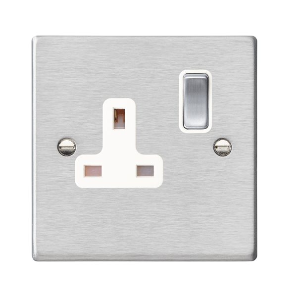 Hartland Satin Steel 1 gang 13A Double Pole Switched Socket Satin Steel/White