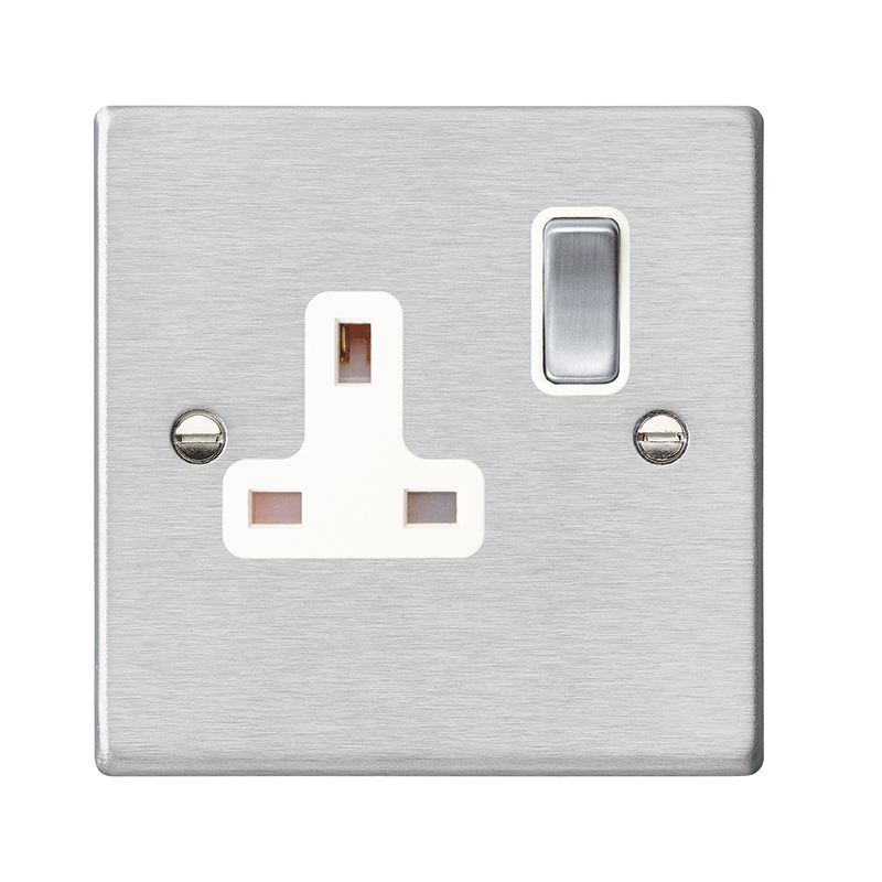 Hartland Satin Steel 1 gang 13A Double Pole Switched Socket Satin Steel/White