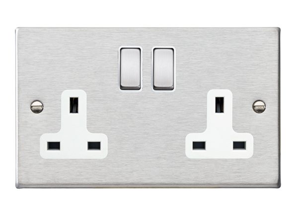 Hartland Satin Steel 2 gang 13A Double Pole Switched Socket Satin Steel/White