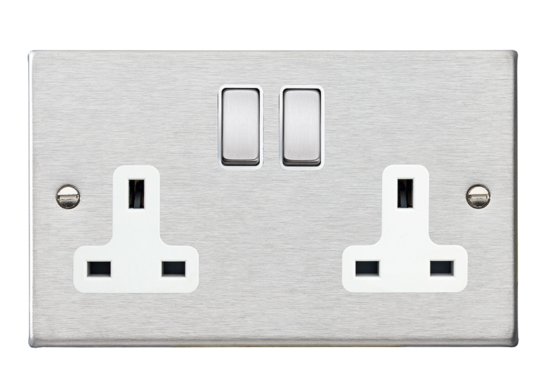 Hartland Satin Steel 2 gang 13A Double Pole Switched Socket Satin Steel/White