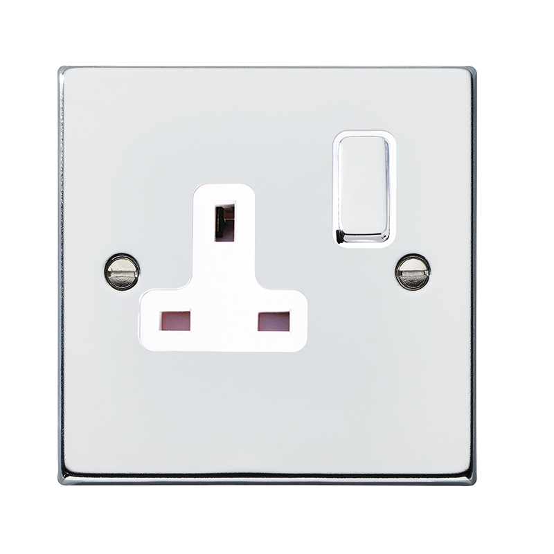 Hartland Bright Chrome 1 gang 13A Double Pole Switched Socket Bright Chrome/White