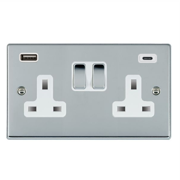 Hartland Bright Chrome 2 gang 13A Double Pole Switched Socket with 1 USB + 1 USB Type C Outlet 2×2.4A Bright Chrome/White