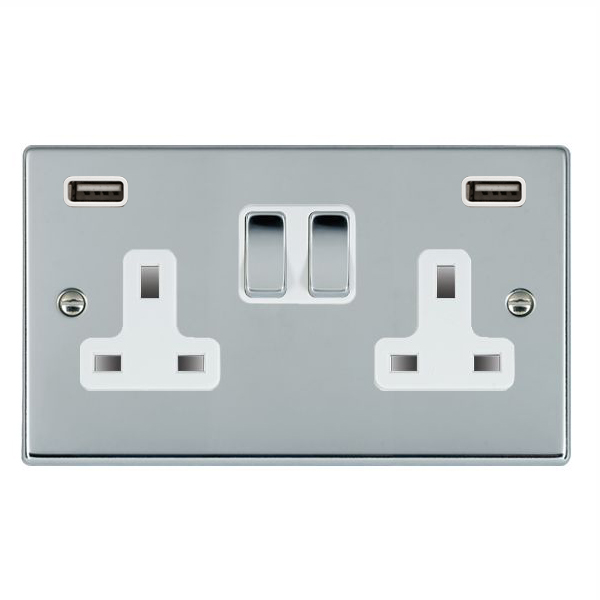 Hartland Bright Chrome 2 gang 13A Double Pole Switched Socket with 2 USB Ultra Outlets 2×2.4A Bright Chrome/White