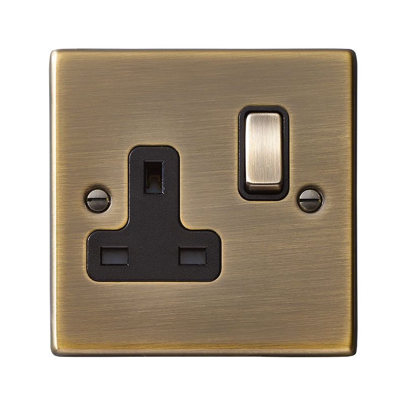 Hartland Antique Brass 1 gang 13A Double Pole Switched Socket Antique Brass/Black