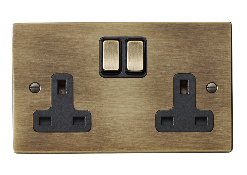Hartland Antique Brass 2 gang 13A Double Pole Switched Socket Antique Brass/Black