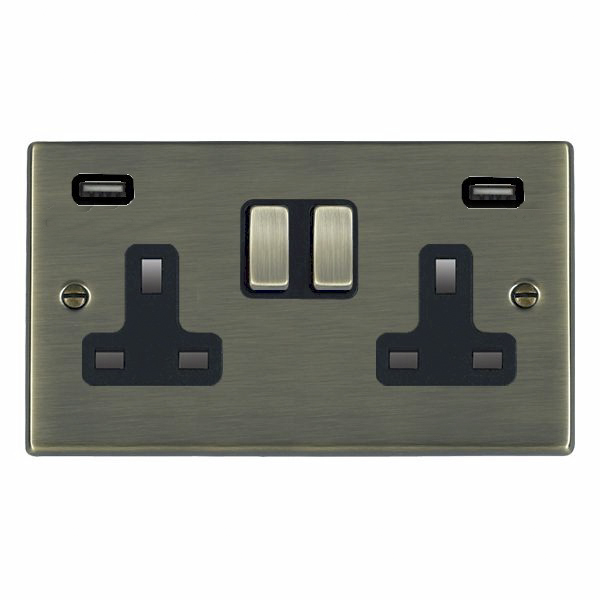 Hartland Antique Brass 2 gang 13A Double Pole Switched Socket with 2 USB Ultra Outlets 2×2.4A Antique Brass/Black