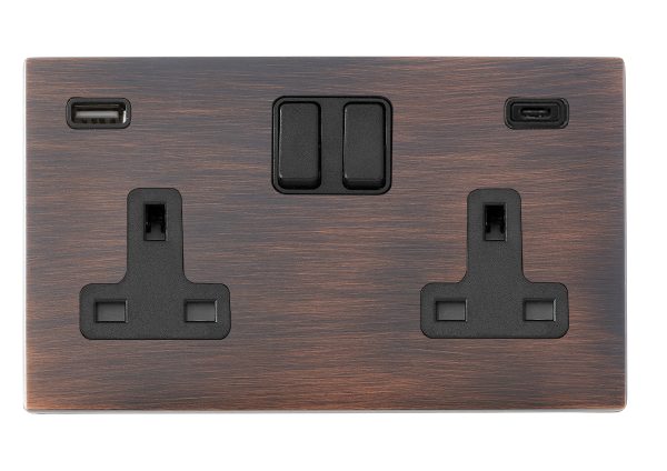 Hartland CFX Copper Bronze 2 gang 13A Double Pole Switched Socket with 1 USB + 1 USB Type C Outlet 2x2.4A Black/Black