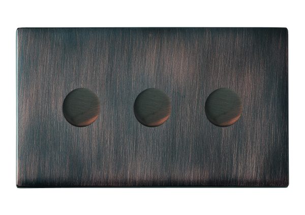 Hartland CFX Etrium Bronze 3 gang 250W LED 2 Way Push On/Off Rotary Dimmer Etrium Bronze Minimum Load = 5W(LED) Maximum Load = 250W(LED) Trailing Edge / 150W(LED) Leading Edge per gang