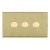Hartland G2 Polished Brass 3 gang 250W LED 2 Way Push On/Off Rotary Dimmer Polished Brass Minimum Load = 5W(LED) Maximum Load = 250W(LED) Trailing Edge / 150W(LED) Leading Edge Per gang