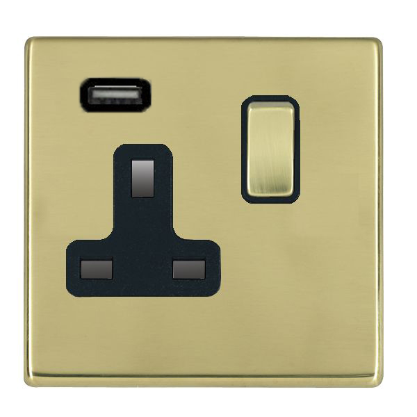 Hartland G2 Polished Brass 1 gang 13A Single Pole Switched Socket with 1 USB Outlets 1×2.1A Polished Brass/Black