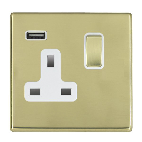 Hartland G2 Polished Brass 1 gang 13A Single Pole Switched Socket with 1 USB Outlets 1×2.1A Polished Brass/White