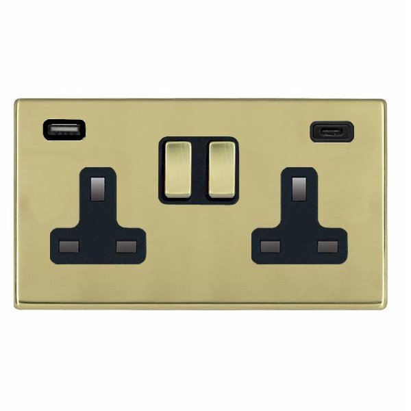 Hartland G2 Polished Brass 2 gang 13A Double Pole Switched Socket with 1 USB + 1 USB Type C Outlet 2×2.4A Polished Brass/Black