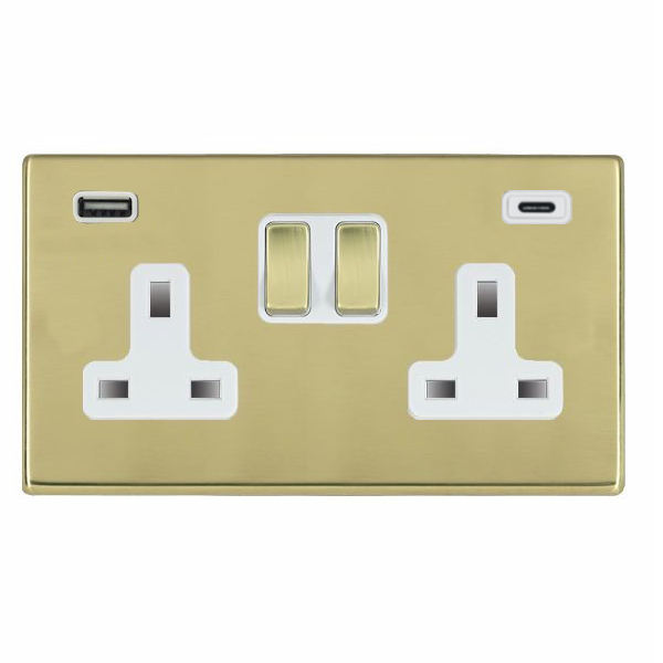 Hartland G2 Polished Brass 2 gang 13A Double Pole Switched Socket with 1 USB + 1 USB Type C Outlet 2×2.4A Polished Brass/White