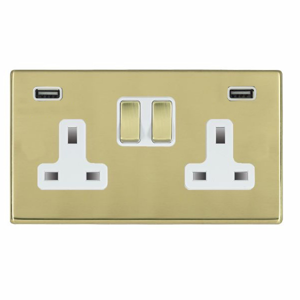 Hartland G2 Polished Brass 2 gang 13A Double Pole Switched Socket with 2 USB Ultra Outlets 2×2.4A Polished Brass/White