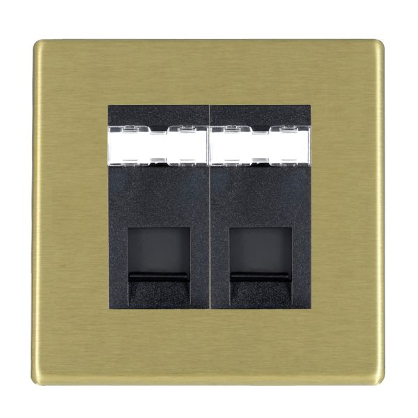 Hartland G2 Satin Brass 2 gang RJ45 CAT 6 Outlet – Unshielded Black