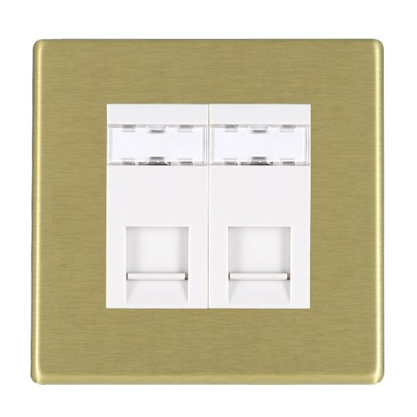 Hartland G2 Satin Brass 2 gang RJ45 CAT 6 Outlet – Unshielded White