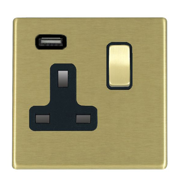 Hartland G2 Satin Brass 1 gang 13A Single Pole Switched Socket with 1 USB Outlets 1×2.1A Satin Brass/Black