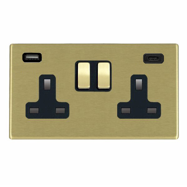 Hartland G2 Satin Brass 2 gang 13A Double Pole Switched Socket with 1 USB + 1 USB Type C Outlet 2×2.4A Satin Brass/Black