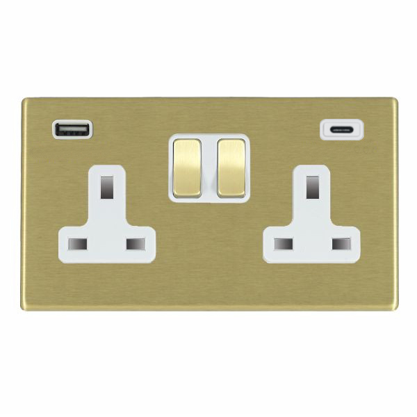 Hartland G2 Satin Brass 2 gang 13A Double Pole Switched Socket with 1 USB + 1 USB Type C Outlet 2×2.4A Satin Brass/White