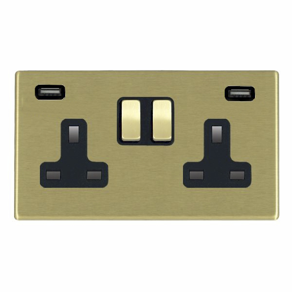 Hartland G2 Satin Brass 2 gang 13A Double Pole Switched Socket with 2 USB Ultra Outlets 2×2.4A Satin Brass/Black