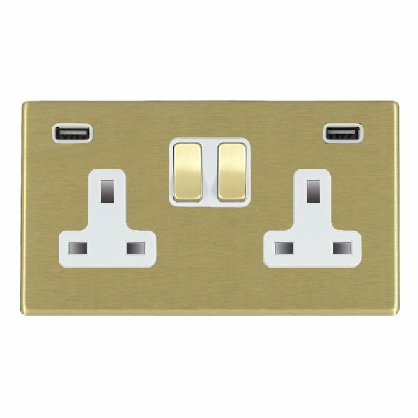 Hartland G2 Satin Brass 2 gang 13A Double Pole Switched Socket with 2 USB Ultra Outlets 2×2.4A Satin Brass/White