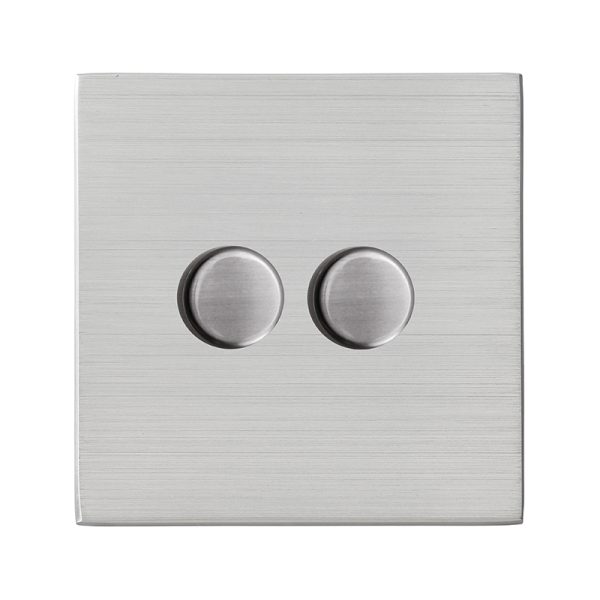 Hartland G2 Satin Steel 2 gang 250W LED 2 Way Push On/Off Rotary Dimmer Satin Steel Minimum Load = 5W(LED) Maximum Load = 250W(LED) Trailing Edge / 150W(LED) Leading Edge per gang