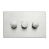 Hartland G2 Satin Steel 3 gang 250W LED 2 Way Push On/Off Rotary Dimmer Satin Steel Minimum Load = 5W(LED) Maximum Load = 250W(LED) Trailing Edge / 150W(LED) Leading Edge per gang