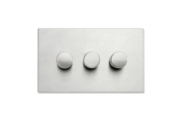 Hartland G2 Satin Steel 3 gang 250W LED 2 Way Push On/Off Rotary Dimmer Satin Steel Minimum Load = 5W(LED) Maximum Load = 250W(LED) Trailing Edge / 150W(LED) Leading Edge per gang