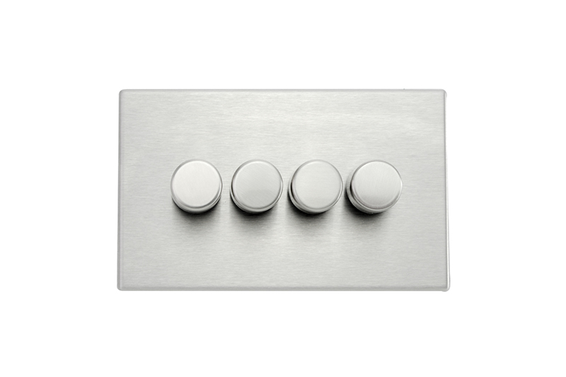 Hartland G2 Satin Steel 4 gang 100W LED 2 Way Push On/Off Rotary Dimmer Satin Steel