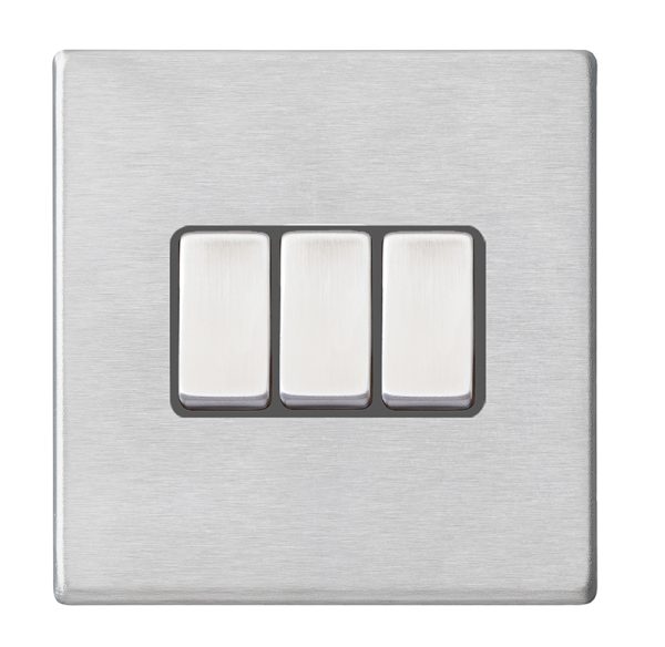 Hartland G2 Satin Steel 3 gang 10AX 2 Way Rocker Satin Steel/Quartz Grey