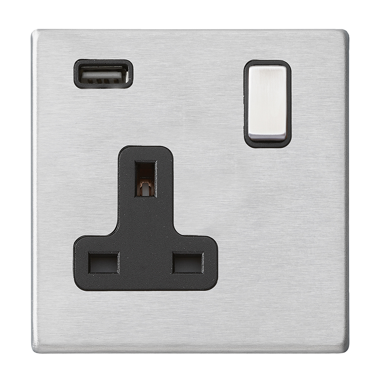Hartland G2 Satin Steel 1 gang 13A Single Pole Switched Socket with 1 USB Outlets 1×2.1A Satin Steel/Black