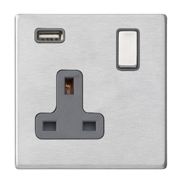Hartland G2 Satin Steel 1 gang 13A Single Pole Switched Socket with 1 USB Outlets 1x2.1A Satin Steel/Quartz Grey