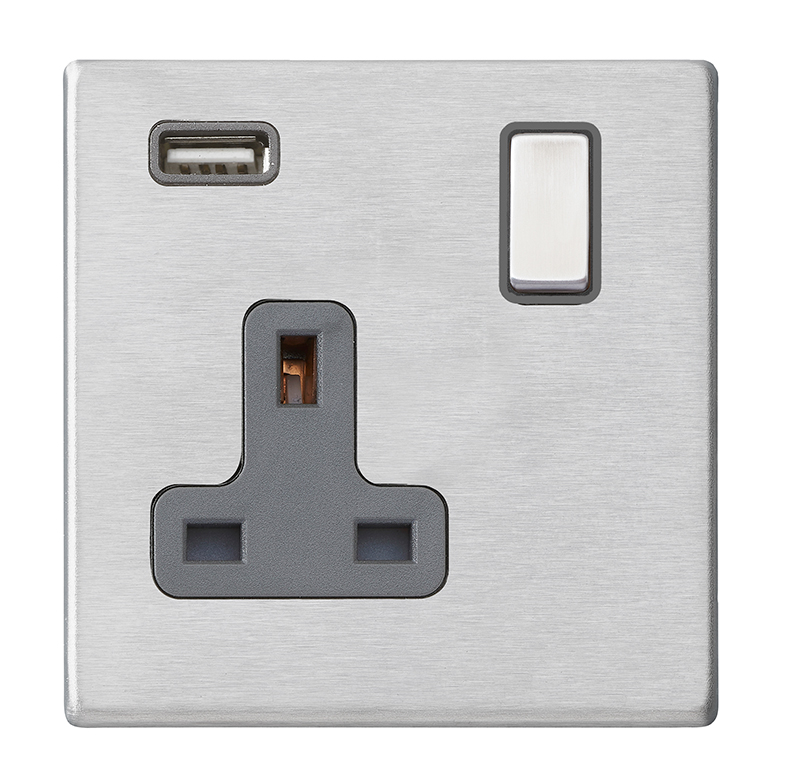 Hartland G2 Satin Steel 1 gang 13A Single Pole Switched Socket with 1 USB Outlets 1×2.1A Satin Steel/Quartz Grey