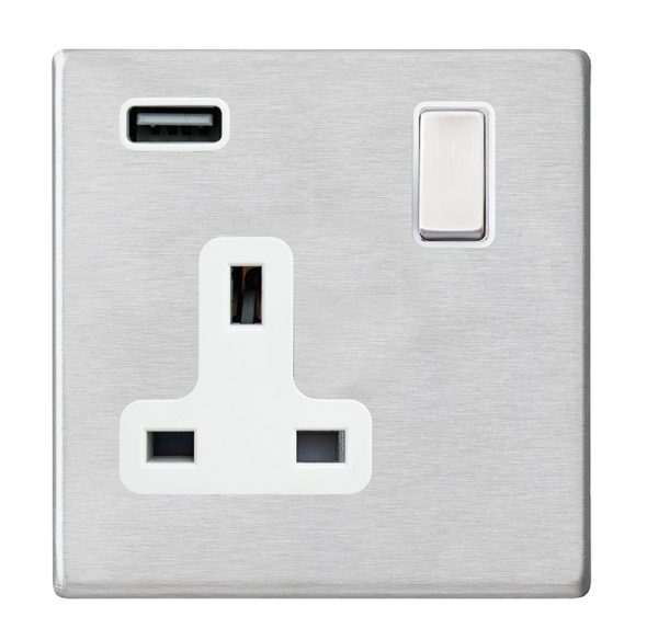 Hartland G2 Satin Steel 1 gang 13A Single Pole Switched Socket with 1 USB Outlets 1x2.1A Satin Steel/White