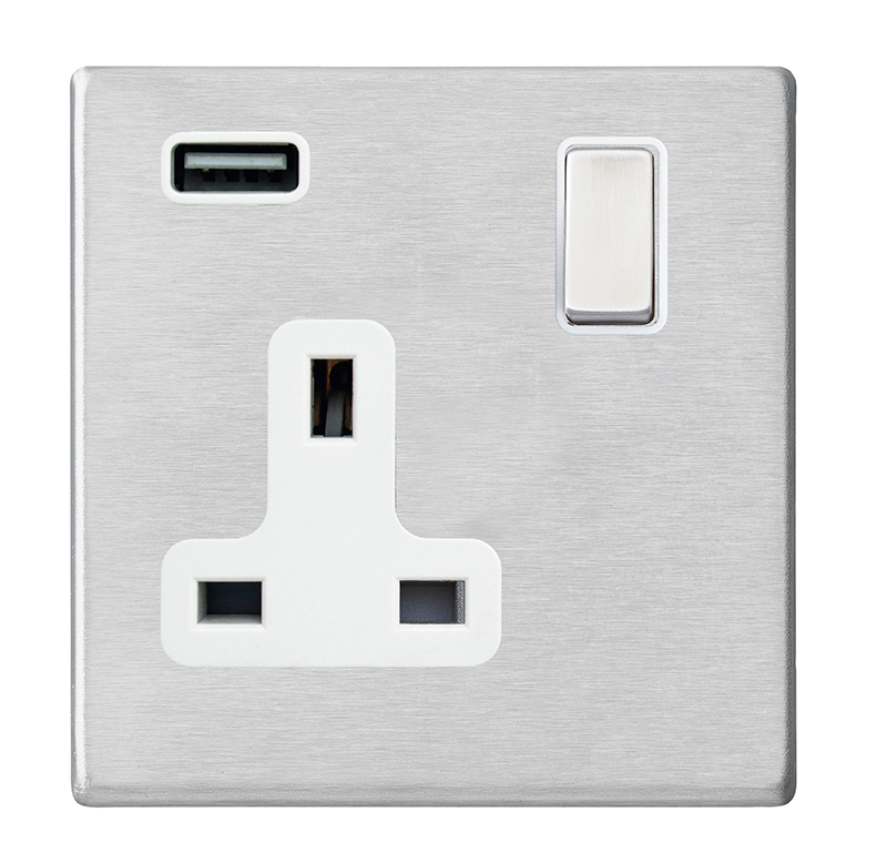 Hartland G2 Satin Steel 1 gang 13A Single Pole Switched Socket with 1 USB Outlets 1×2.1A Satin Steel/White