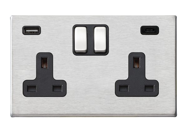 Hartland G2 Satin Steel 2 gang 13A Double Pole Switched Socket with 1 USB + 1 USB Type C Outlet 2x2.4A Satin Steel/Black