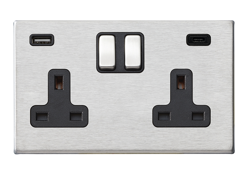 Hartland G2 Satin Steel 2 gang 13A Double Pole Switched Socket with 1 USB + 1 USB Type C Outlet 2×2.4A Satin Steel/Black