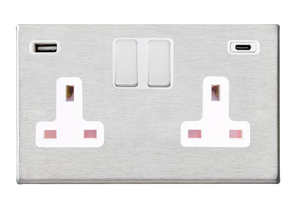 Hartland G2 Satin Steel 2 gang 13A Double Pole Switched Socket with 1 USB + 1 USB Type C Outlet 2x2.4A Satin Steel/White