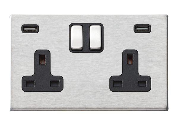 Hartland G2 Satin Steel 2 gang 13A Double Pole Switched Socket with 2 USB Ultra Outlets 2x2.4A Satin Steel/Black