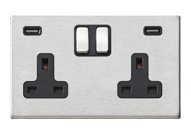 Hartland G2 Satin Steel 2 gang 13A Double Pole Switched Socket with 2 USB Ultra Outlets 2×2.4A Satin Steel/Black