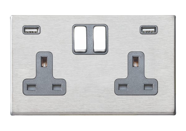 Hartland G2 Satin Steel 2 gang 13A Double Pole Switched Socket with 2 USB Ultra Outlets 2x2.4A Satin Steel/Quartz Grey