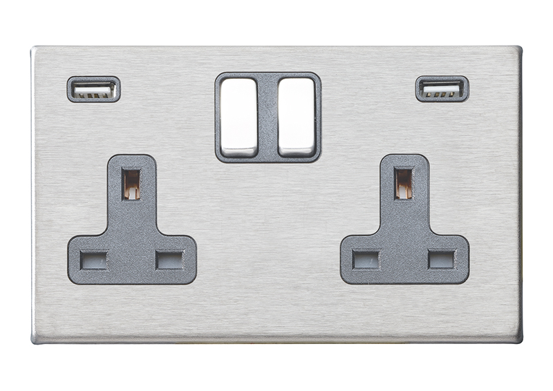 Hartland G2 Satin Steel 2 gang 13A Double Pole Switched Socket with 2 USB Ultra Outlets 2×2.4A Satin Steel/Quartz Grey