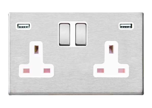 Hartland G2 Satin Steel 2 gang 13A Double Pole Switched Socket with 2 USB Ultra Outlets 2x2.4A Satin Steel/White