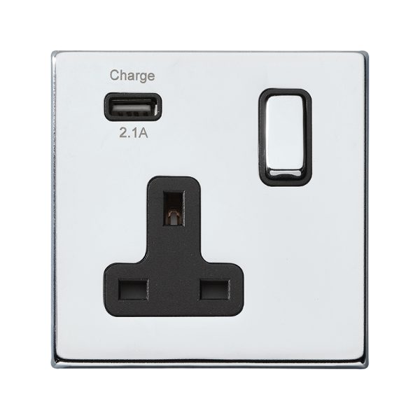 Hartland G2 Bright Chrome 1 gang 13A Single Pole Switched Socket with 1 USB Outlets 1x2.1A Bright Chrome/Black