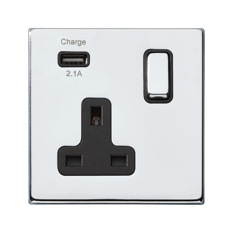 Hartland G2 Bright Chrome 1 gang 13A Single Pole Switched Socket with 1 USB Outlets 1×2.1A Bright Chrome/Black